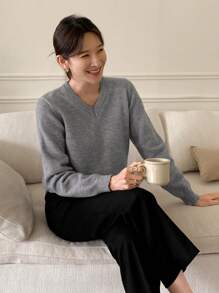 DAZY Suéter holgado de unicolor con cuello en V para mujer, tops de manga larga para otoño - Gris - Ver 7