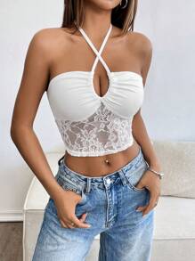 Chiquease Nueva camiseta de tirantes ajustada y corta con parches de encaje calados para mujer, para primavera/verano