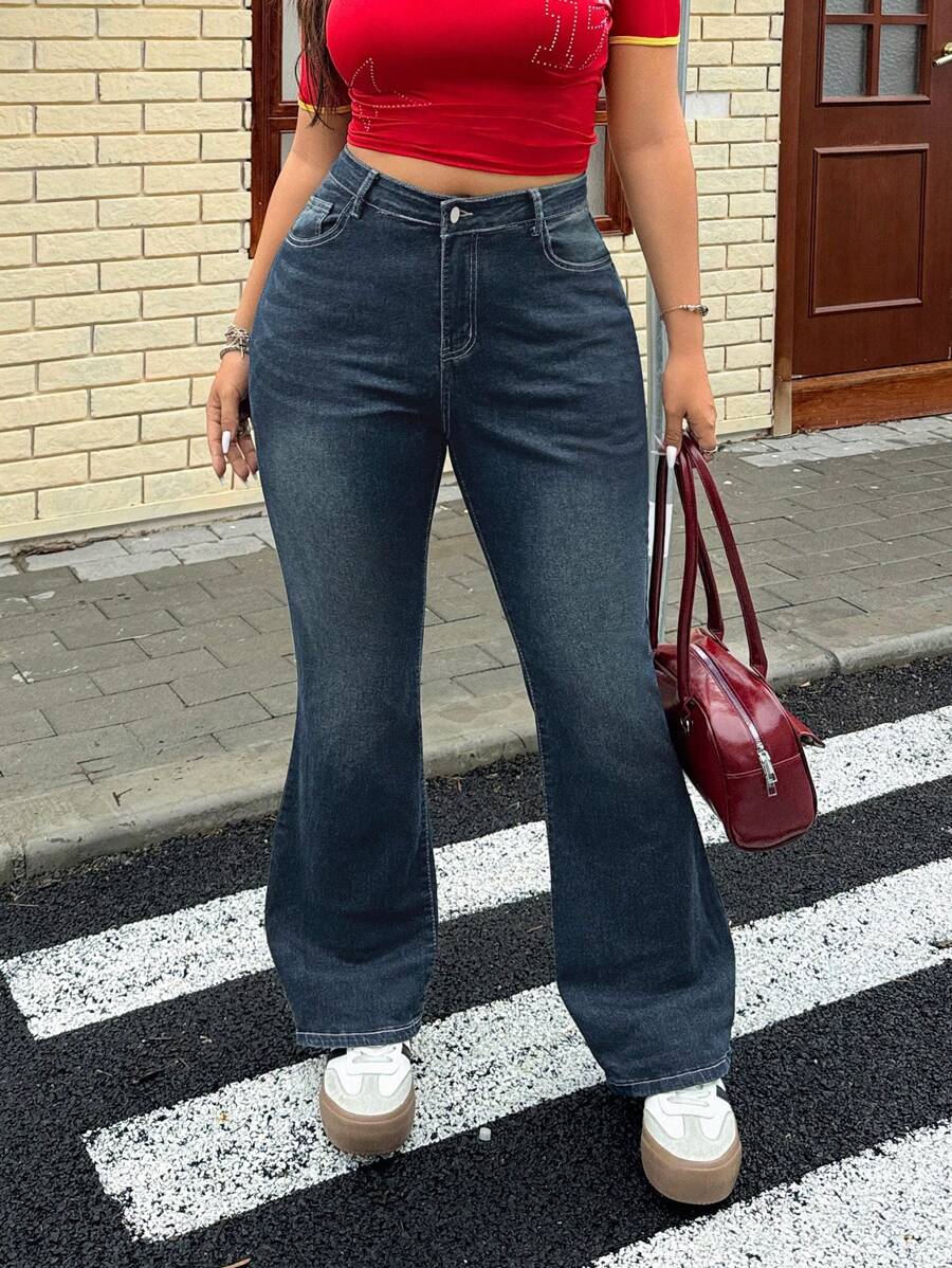 SHEIN ICON Vaqueros Acampanados De Talla Grande Con Acabado Lavado - Azul lavado medio - Ver 1