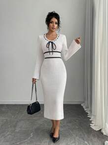 Chiquease Bowknot Design Elegant Women's Simple Korean Style Dress Fall Cloth For Women