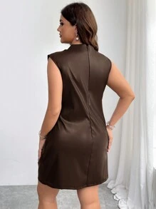 Firerie Đầm mini không tay dáng suông cổ điển gợi cảm thanh lịch dành cho nữ cỡ lớn màu trơn không đối xứng, eo nhún, thu/đông - màu nâu - Xem 2