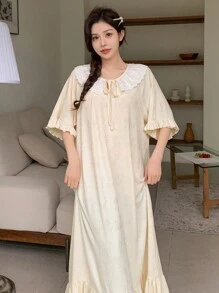 DAZY 甜美荷叶边系带领宽松睡袍睡衣 - 米色 - 查看 6