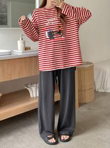 DAZY Graphic Print & Striped Long Sleeve Blouse With Solid Straight Leg Pajama Pants Set