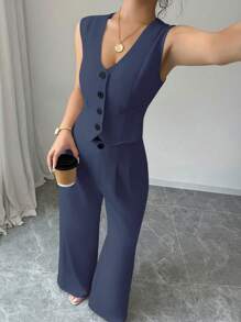 Lyxana Women's Solid Color Front Button Sleeveless Minimalist Top And Full Length Pants Suit Set - Dusty Blue - View 5