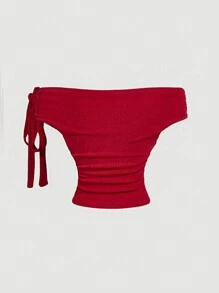 SHEIN MOD Blusa elegante minimalista de hombros descubiertos en color rojo para salir en Año Nuevo - Rojo - Ver 2
