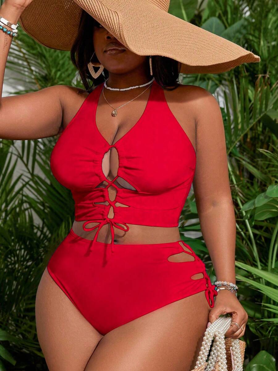 SHEIN Slayr Plus Size Solid Color Front Tie Bikini Top And Bottoms Swimwear Set Summer - Red - View 1