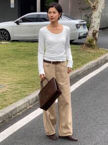 DAZY Women Crew Neck Fitted Seamless Base Layer T-Shirt Long Sleeve Women Tops - White - View 3