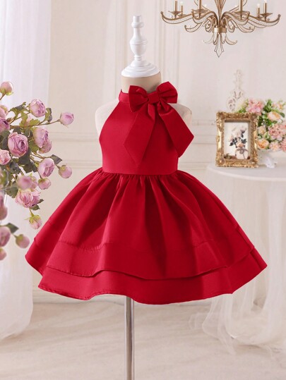 SHEIN Vestido mini de verano para niñas bebé de satén con lazo decorativo de color liso, cintura recogida y sin mangas