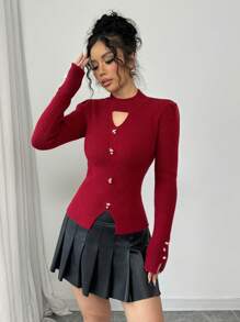 Elenzga Suéter ajustado de unicolor y calado elegante, jersey de punto de otoño/invierno - Burdeos - Ver 4