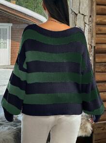 SHEIN EZwear 大码休闲拼色条纹落肩宽松毛衣，秋冬 - 藏蓝色 - 查看 2