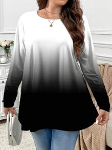 SHEIN Privé Casual Versatile Minimalist Ombre Black & White Full Print Round Neck Plus Size T-Shirt, Autumn/Winter - Multicolor - View 1