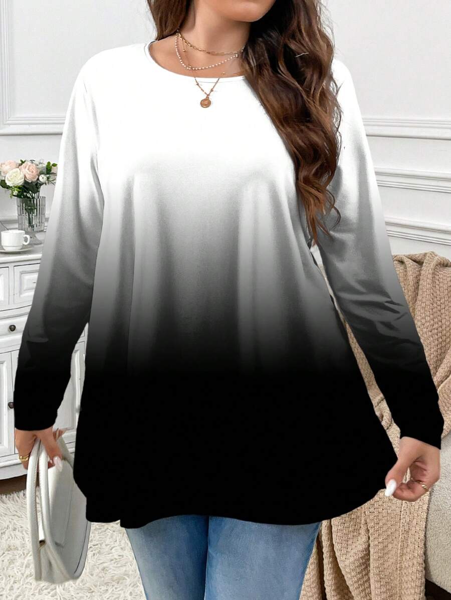 SHEIN Privé Casual Versatile Minimalist Ombre Black & White Full Print Round Neck Plus Size T-Shirt, Autumn/Winter - Multicolor - View 1