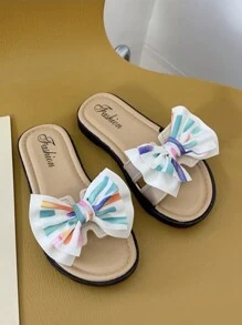 女童蝴蝶结拖鞋沙滩凉鞋，夏季百搭拖鞋，女童公主休闲拖鞋 - 白色 - 查看 1