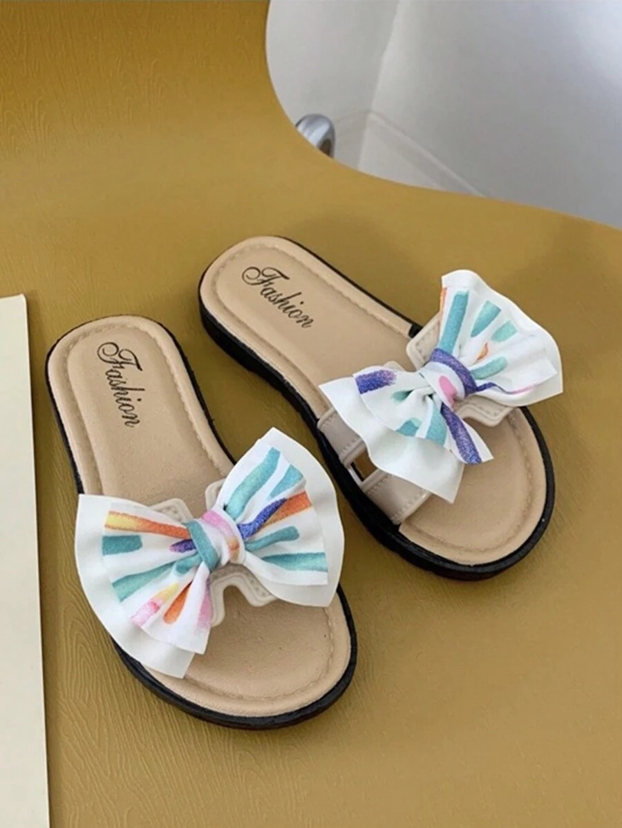 女童蝴蝶结拖鞋沙滩凉鞋，夏季百搭拖鞋，女童公主休闲拖鞋 - 白色 - 查看 1