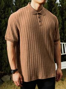 Manfinity Homme 大码男式纯色前扣短袖休闲 Polo 衫 - 卡其色 - 查看 4