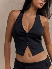 MISSGUIDED Tailored Pinstripe Plunge Halter Neck Top - Navy Blue - View 3