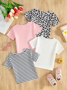 SHEIN 4 Stücke Mädchen Herbst Komfortable Lässig Langarm Set, weiches Material, Kombination aus minimalistischem Streifenmuster und Leopardenmuster, modisch und bequem, geeignet für Outdoor-Spaziergänge, gemütliche Aktivitäten Zuhause, Sportoutfits, Ganzjährig