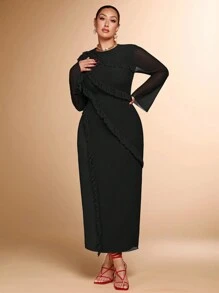 SHEIN BAE Vestido de manga larga de malla ajustado con cuello redondo, color rojo sólido, diseño de volantes multicapa, adecuado para fiestas de cócteles, citas románticas, vestido de punto de otoño e invierno, fiesta, evento formal, boda, dama de honor, cena, Halloween, Navidad, tallas grandes