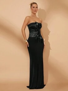 Lumalex Blusa elegante de fiesta con cintura ceñida y lazo de moño, ideal para fiestas de invierno, primavera, San Valentín, celebraciones y bodas - Negro - Ver 4