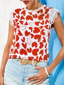 Vivid Eden Valentine's Day Cute Heart Printed Blouse, Cap Sleeve Blouse, Lace Collar,Vacation Outfit,Summer Outfits For Women
