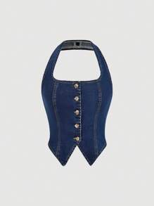 SHEIN MOD Women's Single-Breasted Fashion Versatile Halter Neck Denim Blouse