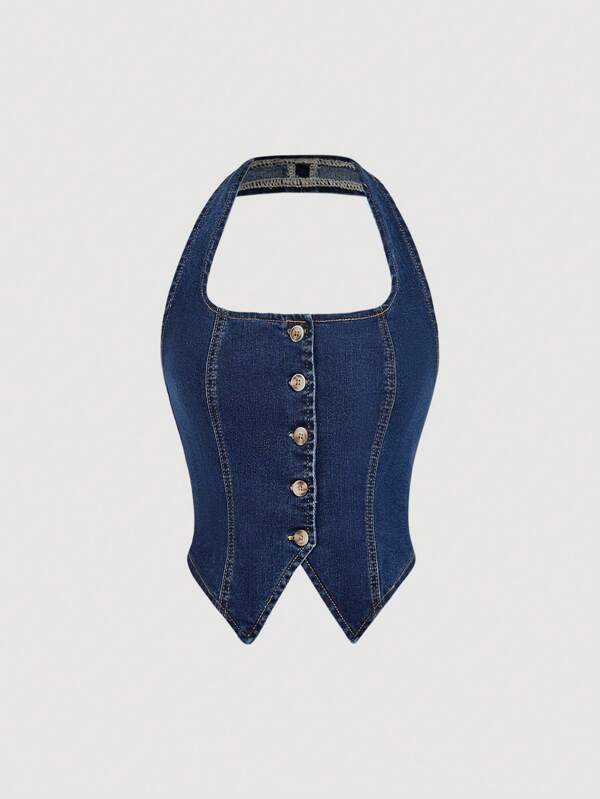 SHEIN MOD Women's Single-Breasted Fashion Versatile Halter Neck Denim Blouse