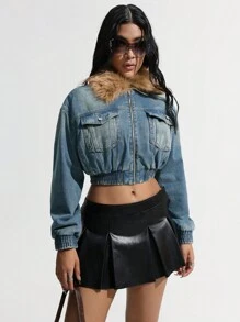 SHEIN ICON Women Detachable Fluffy Collar Elasticized Detail Padded Denim Jacket - Blue - View 3