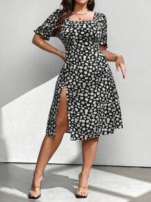 Celure Plus Size Short Sleeve Split Neck Sexy Mini Ditsy Floral Mid-Calf Dress
