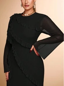 SHEIN BAE Vestido de manga larga de malla ajustado con cuello redondo, color rojo sólido, diseño de volantes multicapa, adecuado para fiestas de cócteles, citas románticas, vestido de punto de otoño e invierno, fiesta, evento formal, boda, dama de honor, cena, Halloween, Navidad, tallas grandes