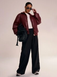 MUSERA Faux Leather Textured Bomber Jacket - Burgundy - View 4