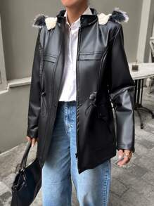 EURMUSE WAIST TIED-UP FUR INSIDE & HOODED ZIPPER POCKET PU LEATHER COAT - Black - View 6
