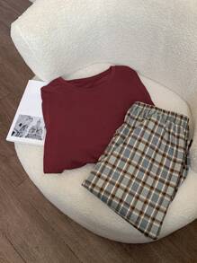 Dazy Plus Solid Color Round Neck T-Shirt & Plaid Elastic Waist Pants Casual Sleepwear Set, Suitable For All Seasons, Chinese New Year Outfit - Burgundy - View 3