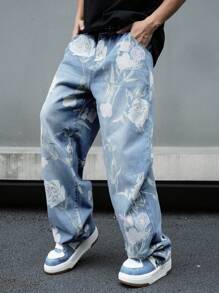 Manfinity Hypemode Men's Casual Floral Print Straight-Leg Jeans - Multicolor - View 6