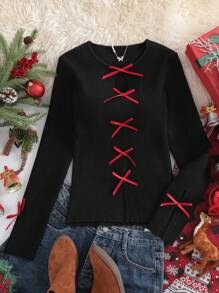 SHEIN VCAY Women's Christmas Bow Decor Fitted Long Sleeve Sweater,Black And Red,Autumn,Chic,Everyday Casual Winter Clothes,Red Ribbon Bow,Thanksgiving,Holiday - Black - View 3