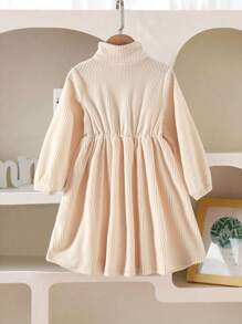 SHEIN 女童休闲简约日常立领常规肩长袖腰部刺绣字母灯芯绒纯色连衣裙，秋季 - 米色 - 查看 2