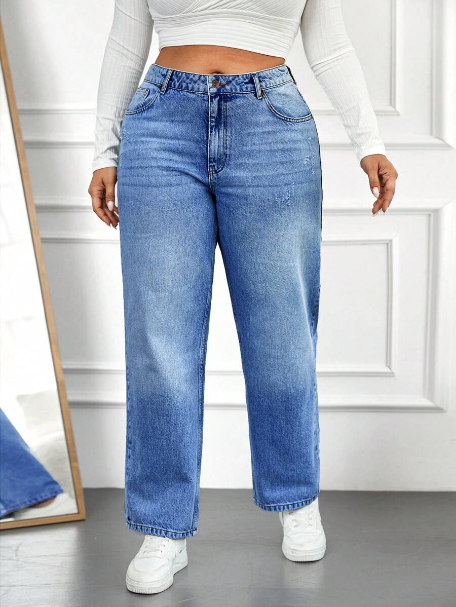 SHEIN Cottnline Plus Size Solid Color Washed Straight Jeans - Light Wash - View 1