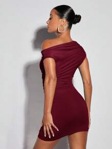 SHEIN BAE Damen elegantes, sexy, einfarbiges Minikleid mit asymmetrischem Ausschnitt und Raffungen