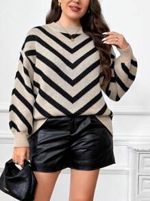 SHEIN LUNE 大码女式高领撞色斜条纹长袖套头衫休闲毛衣，秋冬针织套头衫