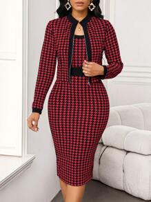 SHEIN Lady Spring And Summer Autumn And Winter Elegant Casual Commuting Office Black Knitted Stand Collar Pencil Zipper Midi Long Sleeve Plus Size Co-Ords Professional Clothes Women Clothes Women Outfit Sets Valentine's Day New Years Women Outfit