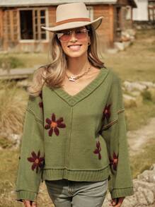 LanaWest Women Countryside Floral V-Neck Drop Shoulder Long Sleeve Loose Sweater Knit Pullover Fall Winter - Green - View 1