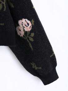 Sweetra Romantic Vintage Rose Inlaid Flower Lace-Up Cropped Cardigan, Slimming Design - Black - View 3