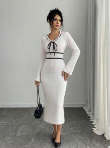 Chiquease Bowknot Design Elegant Women's Simple Korean Style Dress Fall Cloth For Women