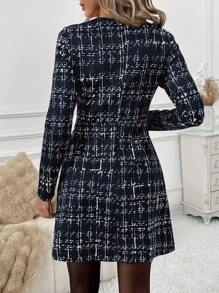 SHEIN Clasi Women Elegant Round Neck Long Sleeve Plaid Short Dress, Autumn/Winter