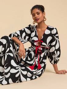 Travachic 2-Tone Printed Lace-Up Casual Daily Dress, Simple & Stylish