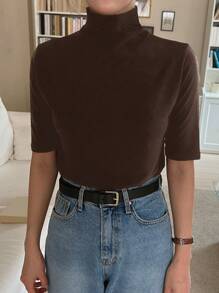 DAZY Women's Solid Color Stand Collar Short Sleeve Casual Top, Everyday Wear