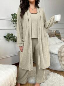 Set de 3 piezas: Camiseta de tirantes acanalada y suave extra grande, pantalones y bata