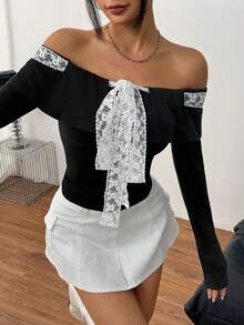 INAWLY Women's Elegant Off-Shoulder Lace Tie-Up Long Sleeve Slim Fit T-Shirt Fall Cloth For Women