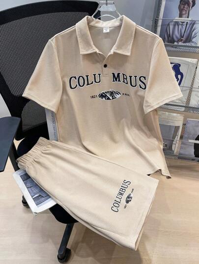 SHEIN Leap Crew 2 Pieces Set Teen Boys Casual Short Sleeve Polo Top And Shorts Outfit, Street Punk Rock Preppy Style For Daily Wear, Party, Music Festival, Suitable For Spring/Summer, Khaki Color With English Print