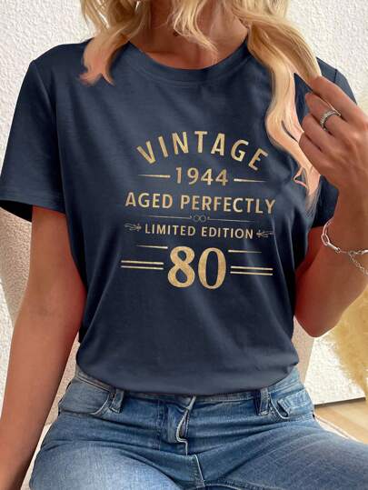INAWLY Camiseta gráfica casual de mujer con edición limitada de 1944 "Perfect Vintage" en estilo ajustado y vintage