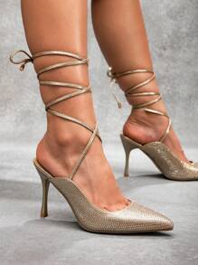 CUCCOO SZL Crystal Rhinestone Ankle Strap Pointed Toe Stiletto Heels, Sexy Rose Gold Party Style Valentine's Day - Rose Gold - View 7